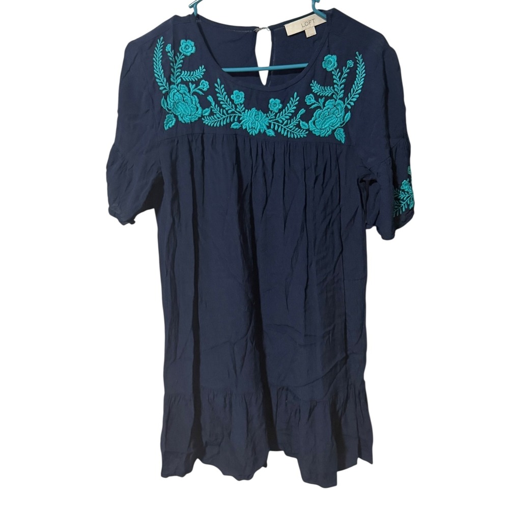 LOFT Size Small Navy Blue Embroidered Ruffle Hem Boho Tiered Dress